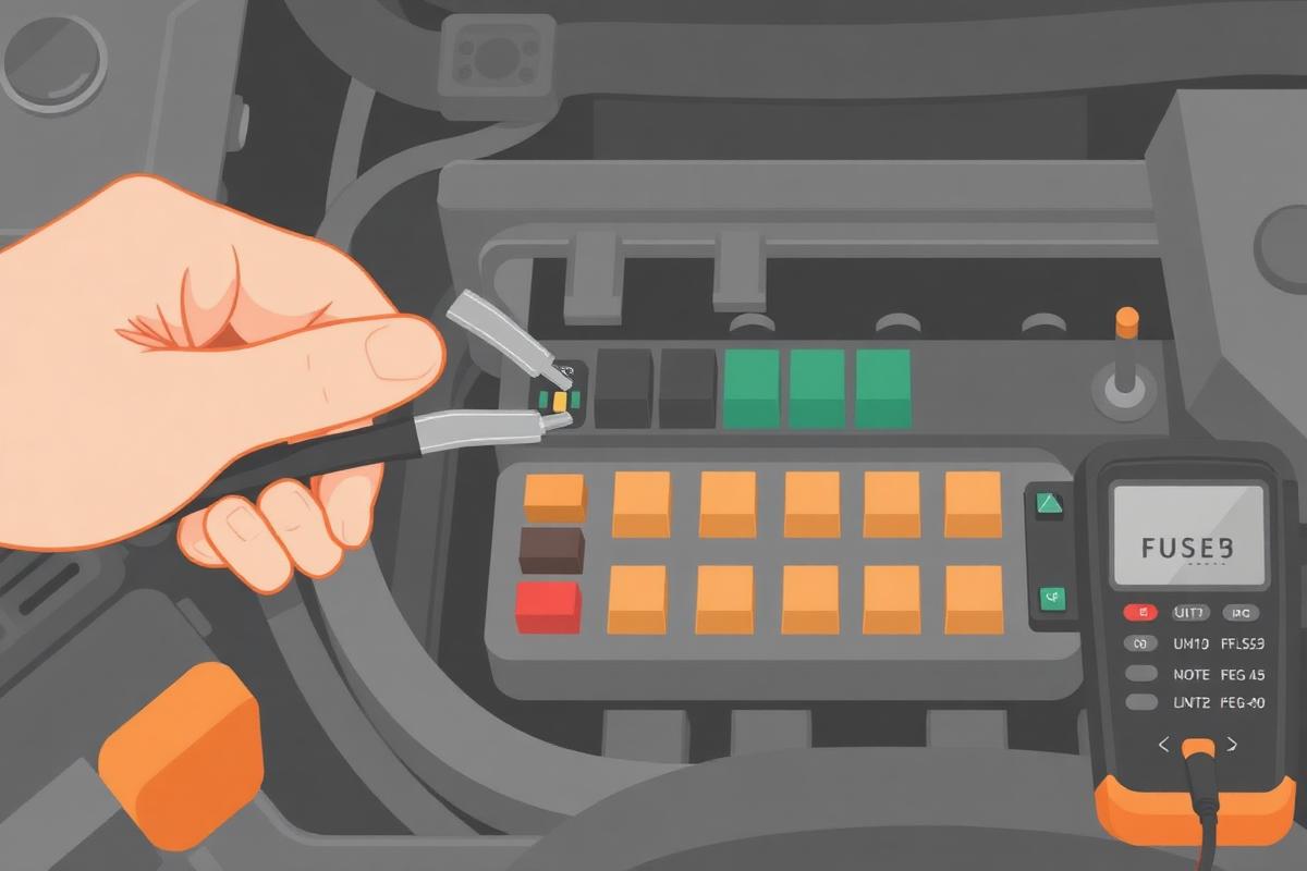 Hand pulling a blade fuse from an engine bay fuse box while a multimeter reads current