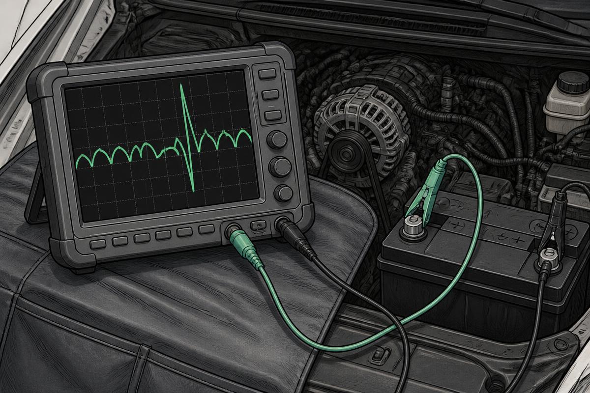 Oscilloscope showing an irregular ripple waveform with a missing hump and a large spike