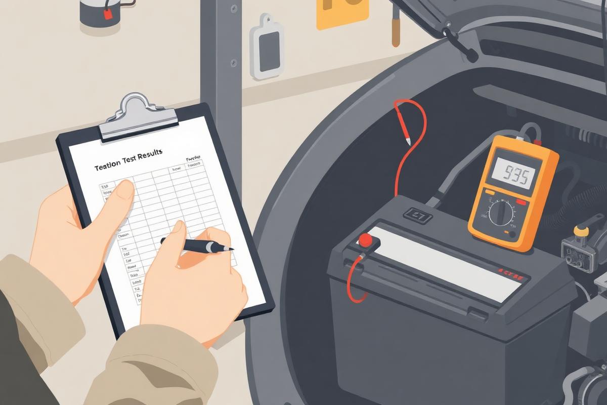 Technician noting a cranking voltage figure on a workshop job card