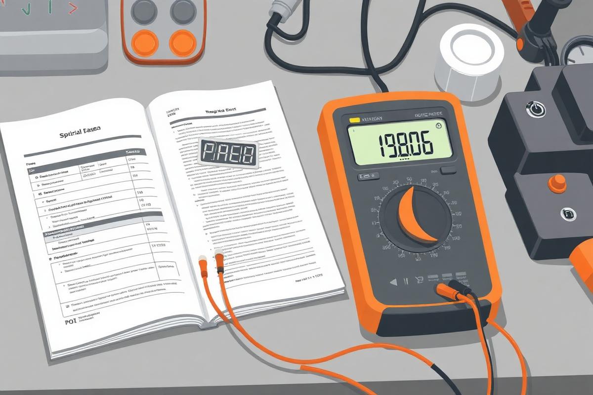 Multimeter display showing a resistance value with a workshop data sheet alongside