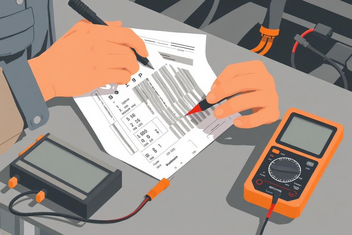 Technician recording power and ground results on a diagnostic sheet in a workshop