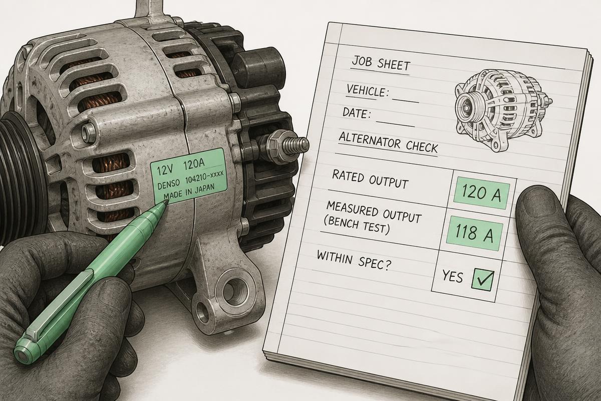 Alternator rating tag being compared against a measured output figure on a job sheet