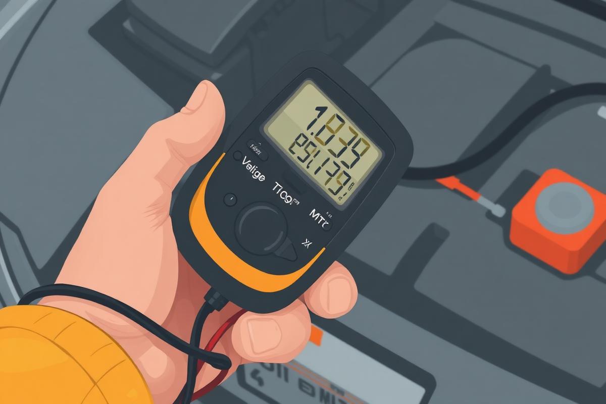 Multimeter display reading twelve point six volts across a car battery
