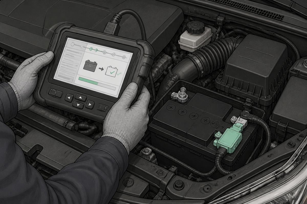 Technician running a battery registration routine on a scan tool over an engine bay