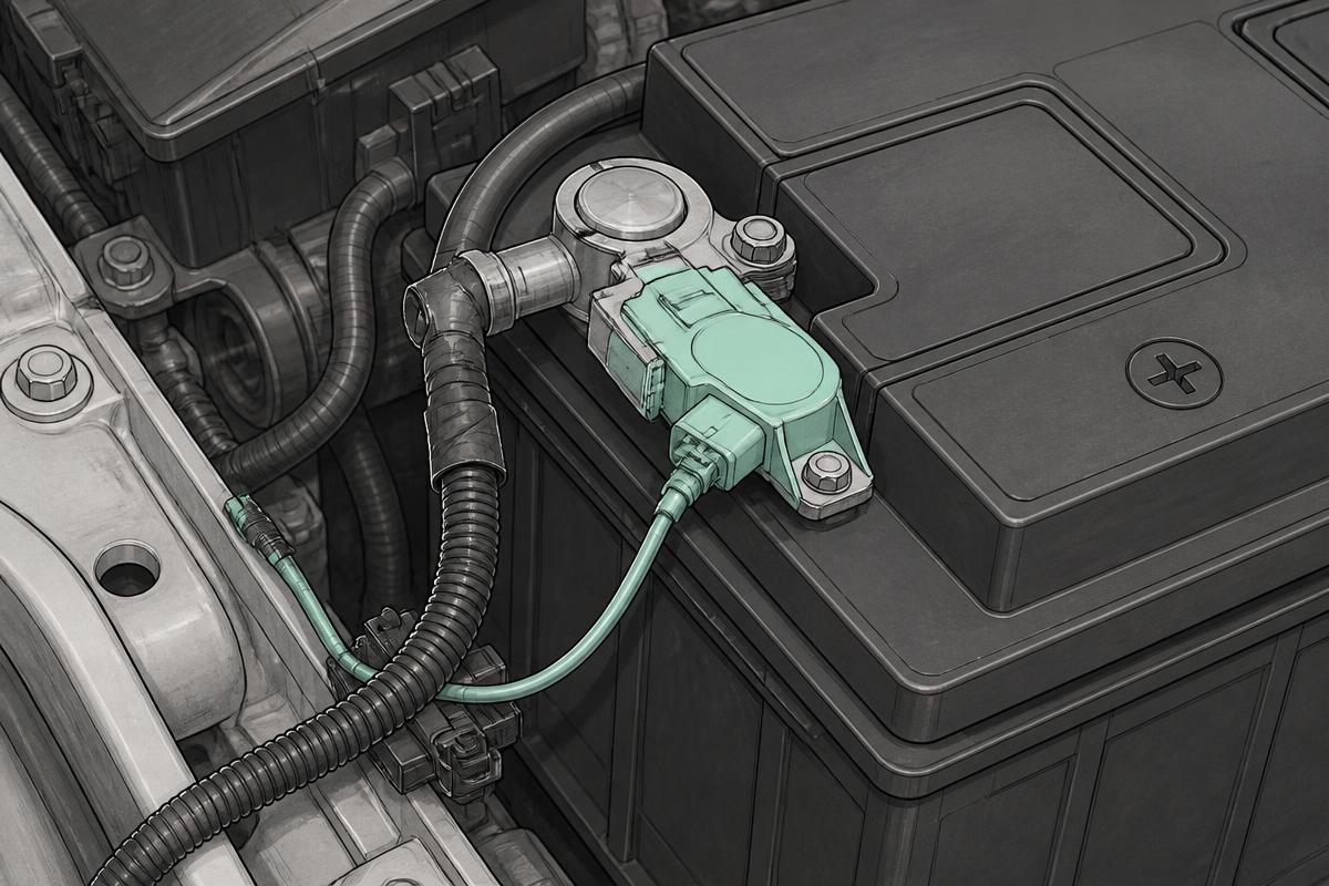 Intelligent battery sensor fitted to the battery negative terminal with its earth strap and signal wire
