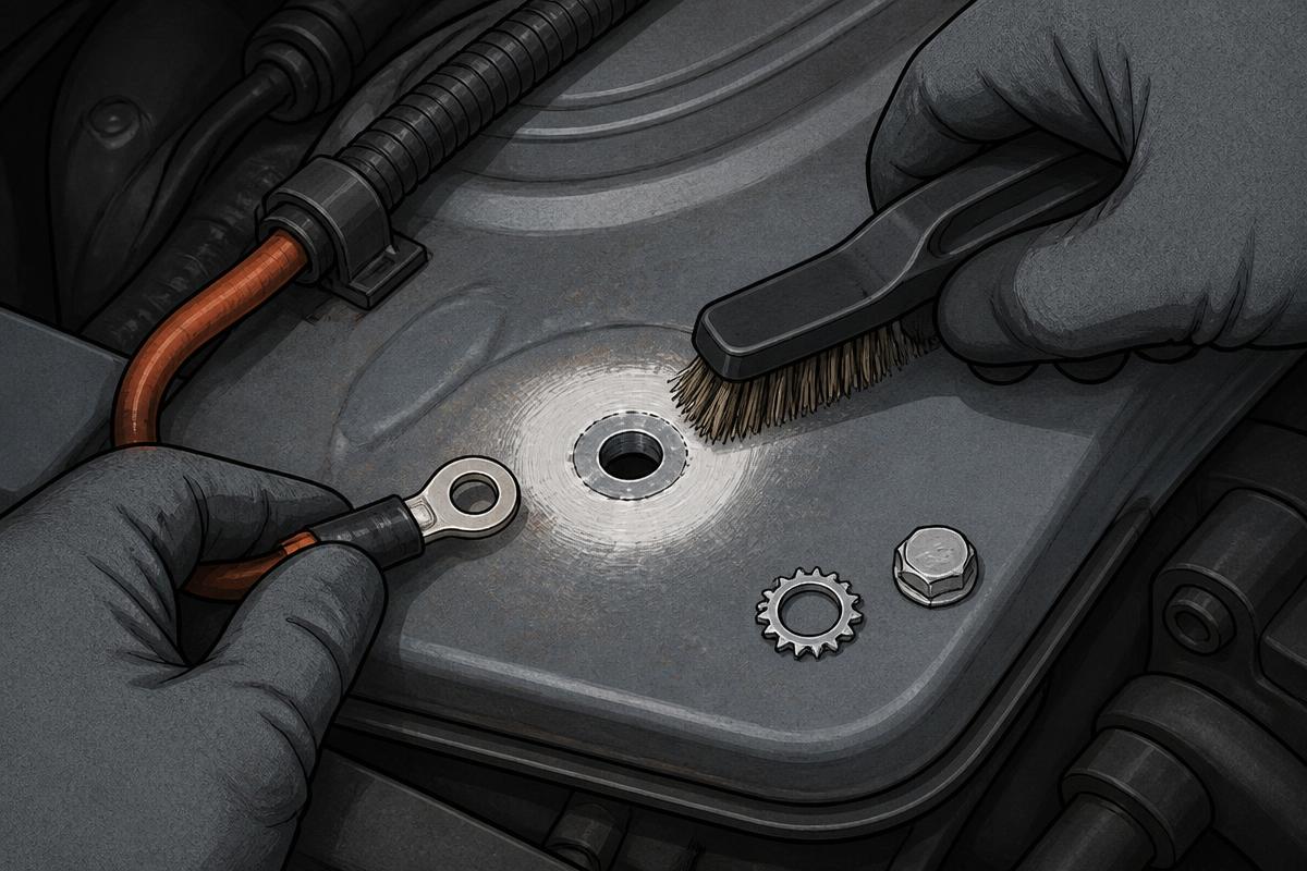 Earth strap fixing point cleaned to bare metal and being torqued down